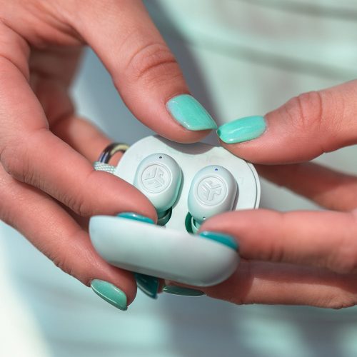 JLab JBuds Mini True wireless Bluetooth Earbuds Mint Green hands 04c7cdae f236 48de a6c6 23e39e0d7e97